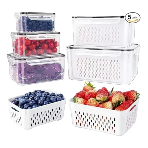 5 PCS Modern Design Large Fruit Containers for Fridge Leakproof Food Storage PP+Silicone Removable Colander Dishwasher Microwave