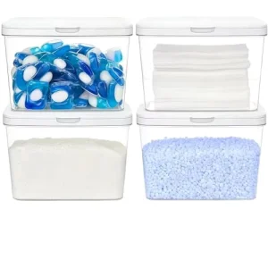 5 Pack Plastic Stackable Laundry Pod Containers and Dryer Sheet Holder with Lids Labels and Scoop