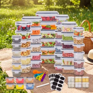 56 Piece Multi Size Airtight Food Storage Set with Labels & Spoon Stackable Containers for Kitchen Pantry Organization