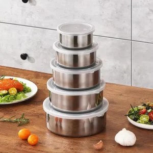 5pcs Stainless Steel Nesting Bowls With Airtight Lids Stackable Food Storage Containers