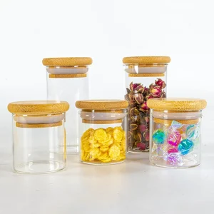 60ml Borosilicate Airtight Glass Jar Wooden Bamboo Lid Eco Friendly Food Container 8 oz Capacity Rounded