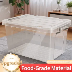 64 * 44 * 40cm Plastic Storage Box Home Storage Organization Sweater Storage with Wheel and Lid White Box