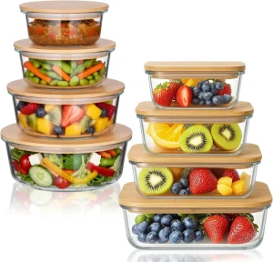 8 Pack Glass Food Storage Containers with Bamboo Lids Airtight Food Storage Containers Set