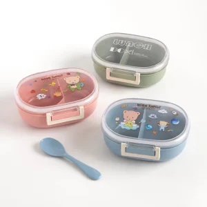 800ml Kids Lunch Box Portable Bento Box with Spoon 2 Compartments Food Container for School Meals