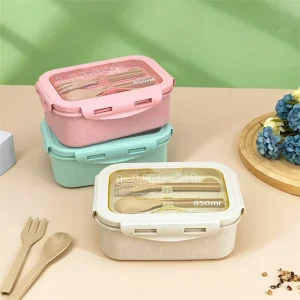 850ml Divided Lunch Box Portable Large Capacity Bento Box with Fork and Spoon Food Storage Container for School Camping