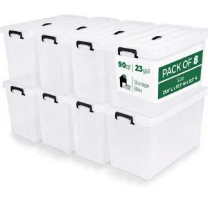 90 Quart 23 Gallon 8 Pack Clear Storage Bins Lids Heavy Duty Stackable Plastic Organizing Containers BPA Free Secure