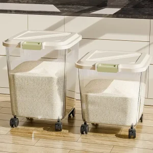 Airtight Rice Storage Container with Wheels and Measuring Cup Moisture Proof Insect Resistant Large Capacity Kitchen Storage Box