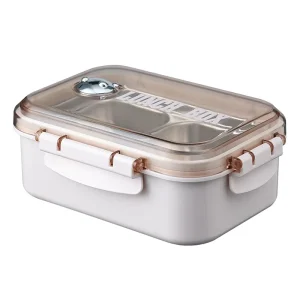 Airtight Square Stainless Steel Lunch Box Plastic Lid Lock Clasps Portable Divided Container Cute Bear Accent Food Grade