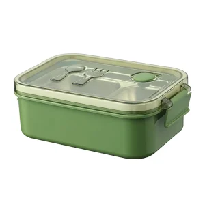 Airtight Stainless Steel Cute Square Meal Prep Container Built in Spoon Fork Leak Proof Plastic Lid Portable Single Tier Lunch