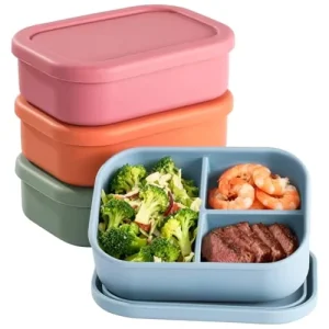 American 4 PCS Silicone Bento Box 3 Compartment Reusable Airtight Stackable Dishwasher Safe Microwave Lunch Container