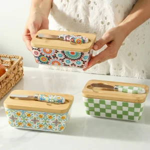 American-Style Pastoral Rectangular Solid-Pattern Butter and Cheese Storage Box with Knife Lid