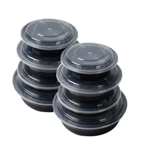 American Style Round Disposable Food Storage Container with Black Bottom and White Lid