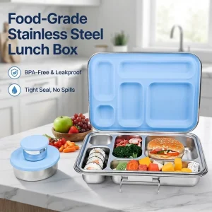 Aohea Food Grade 304 Stainless Steel 5 Compartments Bento Box Lunch Box for Meal Prep Food Storage Container