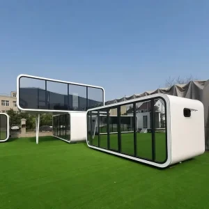 Apple Cabin House White Rounded Pod Glass Facade Studio with Bed Desk for Home Office Co working