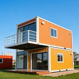 Apple Cabin House Yellow Orange Container Home Upper Overhang Balcony Deck Glass Doors for Countryside Family Living