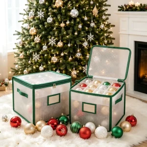 Authentic Durable PVC Christmas Ornament Storage Box with Dividers Protective Stackable Container for Holiday Decorations