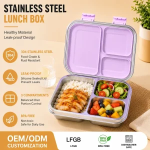 BPA Free 304 Stainless Steel Bento Lunch Box 3 Compartment Leak Proof Custom Food Storage for Work Office
