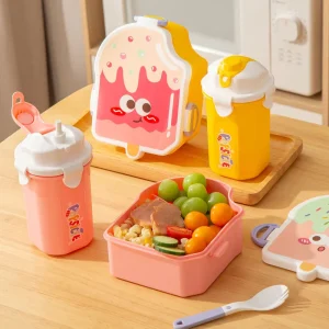BPA-Free Portable Kids Lunch Box with Plastic Lid and Leak Proof Water Bottle Microwavable Food Storage Container