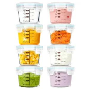 Baby Square Glass Food Bowl Set Borosilicate 8 Piece Portion Marked 4 Oz 120ml Silicone Seal Toddler Infant Bulk