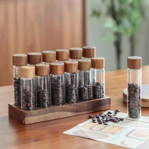 Bamboo Anti oxidation Solid Wood Base High Borosilicate Glass Sealed Coffee Bean Storage Jar 6/12 Tube Single dose Stand