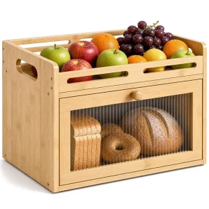 Bamboo Bread Box Kitchen Bread Storage Container with Acrylic Window Fruit and Vegetable Rack Bread Bin