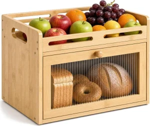 Bamboo Bread Box for Kitchen Countertop Bamboo Storage Container with Raised-Rail Top Shelf Acrylic Farmhouse Breadbox Organizer
