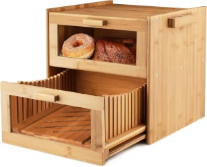 Bamboo Bread Slicer Set Large 2 Layers Bread Box for Kitchen Countertop Storage Container with Clear Front Window Bread Slicer