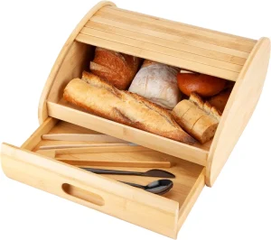 Bamboo Bread Storage Bin With Built in Drawer Roll Top Bread Keeper Box Farmhouse Food Container for Home Kitchen Pantry