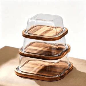 Bamboo Butter Dish with Glass Lid Rectangular Butter Keeper Cheese Container for Kitchen Storage