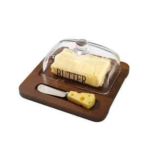 Bamboo Eco friendly Glass Lid Butter Holder Plate with Knife Cheese Bread Tray Kitchen Storage Butter Dish