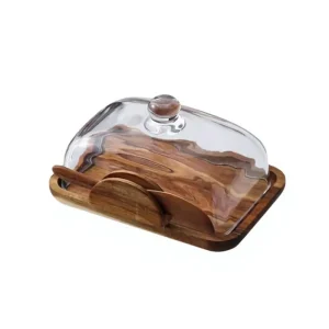 Bamboo Glass Lid Butter Holder with Shovel Non toxic Dessert Tray Kitchen Storage Container Butter Dish Plate