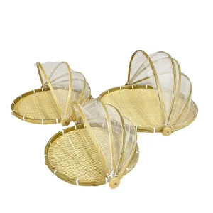 Bamboo Handweaved Folding Food Storage Basket with Cover Woven Wicker Fruit Tray for Kitchen Living Room