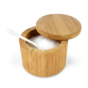 Bamboo Salt Cellar With Magnetic Swivel Lid Professional Spice Box With Small Spoon for One Hand Operation Pro