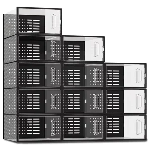 Beige Foldable Heavy Duty Plastic Shoe Storage Organizer Box Clear Cover Adjustable Dividers Space Saving Closet BT 389