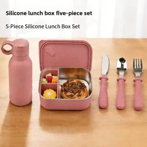 Bento Box Set Kids Stainless Steel Spoon Fork Knife Microwavable Silicone Lunch Box Water Bottle Safe School Storage