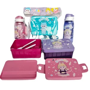 Big Capacity Rectangle Shape Plastic Cute Children Kid School Lunch Box and Water Bottle Set With Cutlery