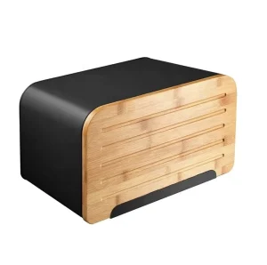 Black White Metal Bread Box with Bamboo Lid for Kitchen Counter Bread Bin Storage Container