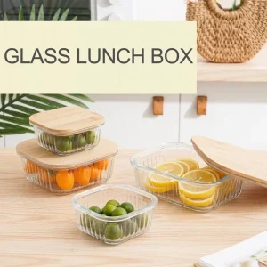 Borosilicate Glass BPA Free Food Storage Container with Airtight Leakproof Microwave Safe Bamboo Lid Bento Lunch Box