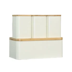 Bread Box with 3 Airtight Coffee Tea Sugar Canister Set Metal Farmhouse Kitchen Countertop Bread Bin Food Storage Container Set