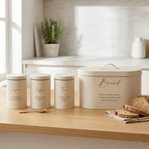 Bread Box with Bamboo Lid and 4-Piece Airtight Iron Canister Set