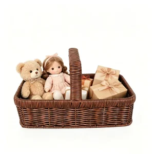 Brown Square PP Rattan Hand Basket with Soft Basket Handle Woven Basket for Doll Storage Snack Organizer & Gift Packaging