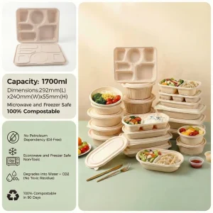 Bulk 1700ml 6 Compartment Eco Friendly Plant Based Divided Container with Lid Microwave Safe Takeout Lunch Box Fast Dispatch B2B