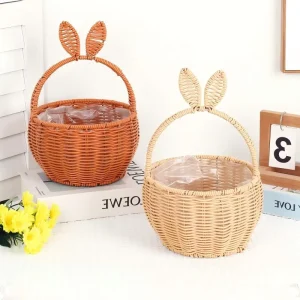 Bunny Ear PE Rattan Handheld Gift Flower Basket with Plastic Liner for Easter Decoration