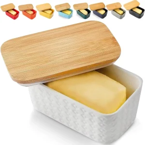 Butter Dish with Lid Ceramic Butter Container for Countertop Fridge Airtight Silicone Sealing Embossed Pattern Dishwasher Safe