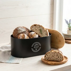 Carbon Steel Bread Box with Wood Lid Cutting Board Bread Bin Storage Container and Organizer for Kitchen Countertop