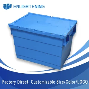 Cargo Transport HDPE Stackable Nestable Perforated Eco Friendly Plastic Moving Box Hand Carry Attached Lid Tote Container