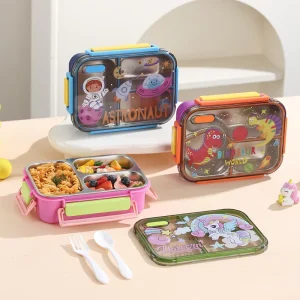 Cartoon Boys Girls 3 Compartment Tiffin Meal Food Container Stainless Steel Insulated Thermos Bento Lunch Box for Kids Children