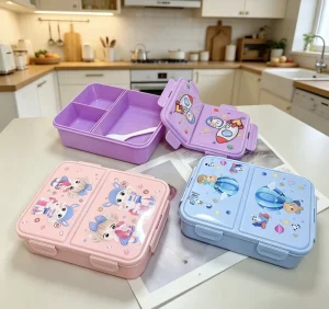 Cartoon Connected Body Kids Lunch Box Divided Compartments Dustproof Safe Plastic for Kindergarten Travel