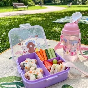 Cartoon Kids Lunch Box & Water Bottle Set 3 Compartment Airtight Bento Box Leak Proof Clear Straw Cup for School Picnic