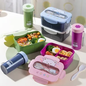 Cartoon Lunch Box Mug Set Portable Plastic Bento Box with Fork Kids Lunch Box Food Storage Container Food Holder Large Capacity